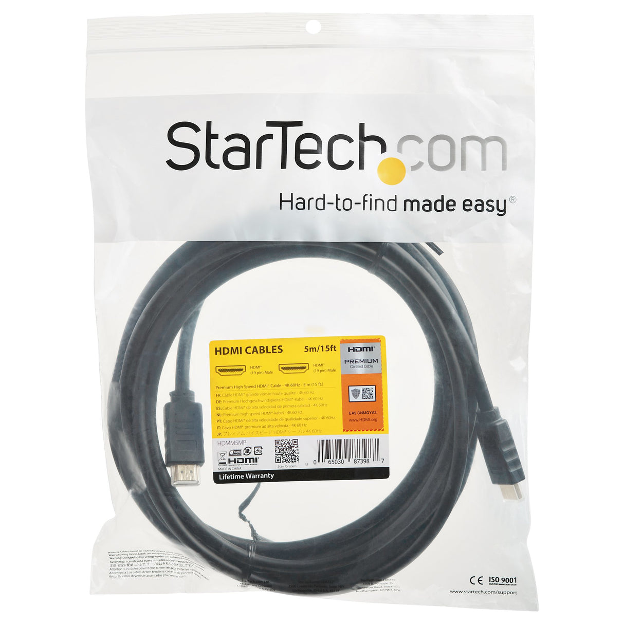 StarTech.com Cable de 5m HDMI 2.0 Certificado Premium con Ethernet - HDMI de Alta Velocidad Ultra HD de 4K a 60Hz HDR10 - para Monitores o TV UHD Cable 5 m HDMI tipo A (Estándar) HDMI tipo A (Estándar) Macho