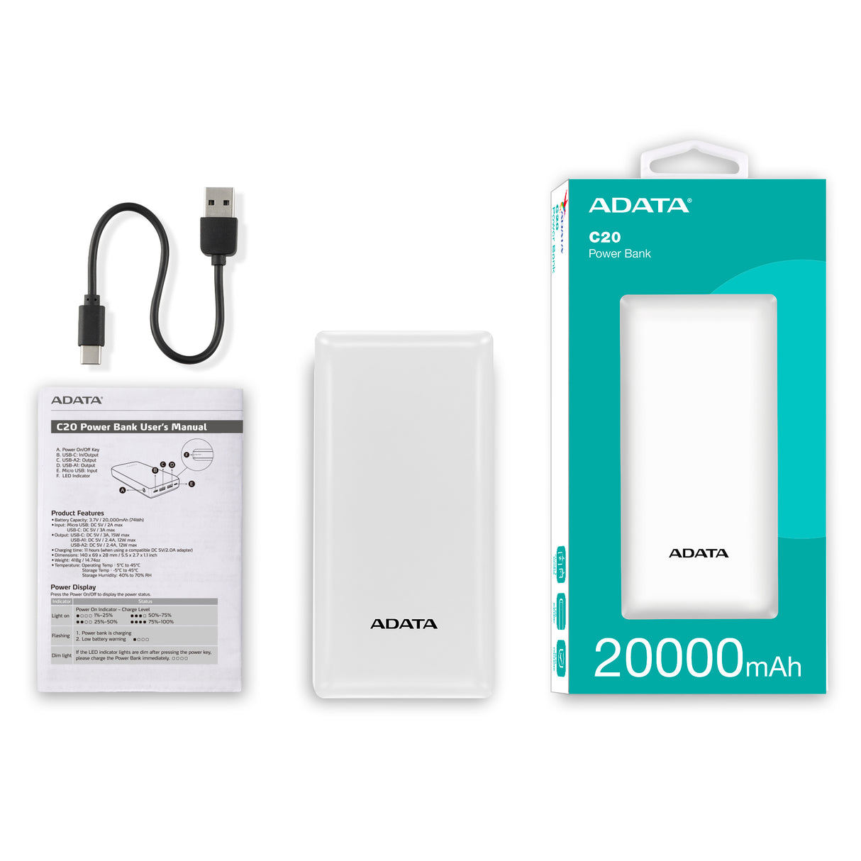 ADATA C20 Baterías externas 3 Blanco USB