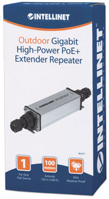 Intellinet Répéteur-extenseur PoE+ Gigabit extérieur haute puissance, IEEE 802.3at/af, portée jusqu’à 100 m, métal, IP65
