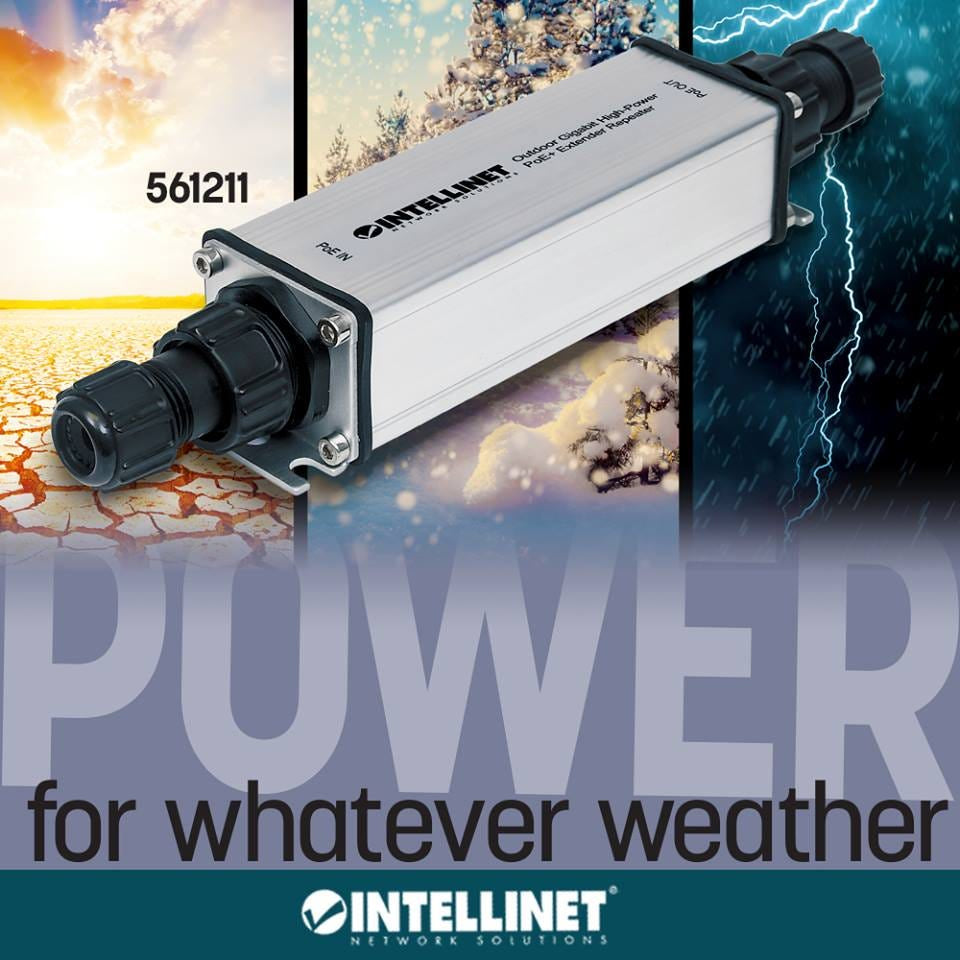 Intellinet Répéteur-extenseur PoE+ Gigabit extérieur haute puissance, IEEE 802.3at/af, portée jusqu’à 100 m, métal, IP65