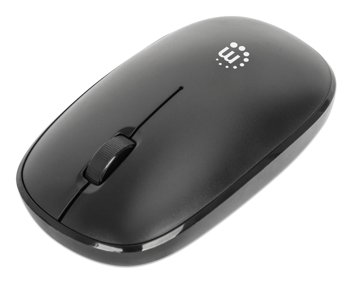 Manhattan Ratón óptico inalámbrico MW3050, negro, 1200 dpi, 2,4 GHz (hasta 10 m), USB, ambidiestro, 3 botones con rueda, receptor nano USB-A, pila AA incluida, base de baja fricción, garantía 3 años Ratón 1 Vertical Universal Óptico