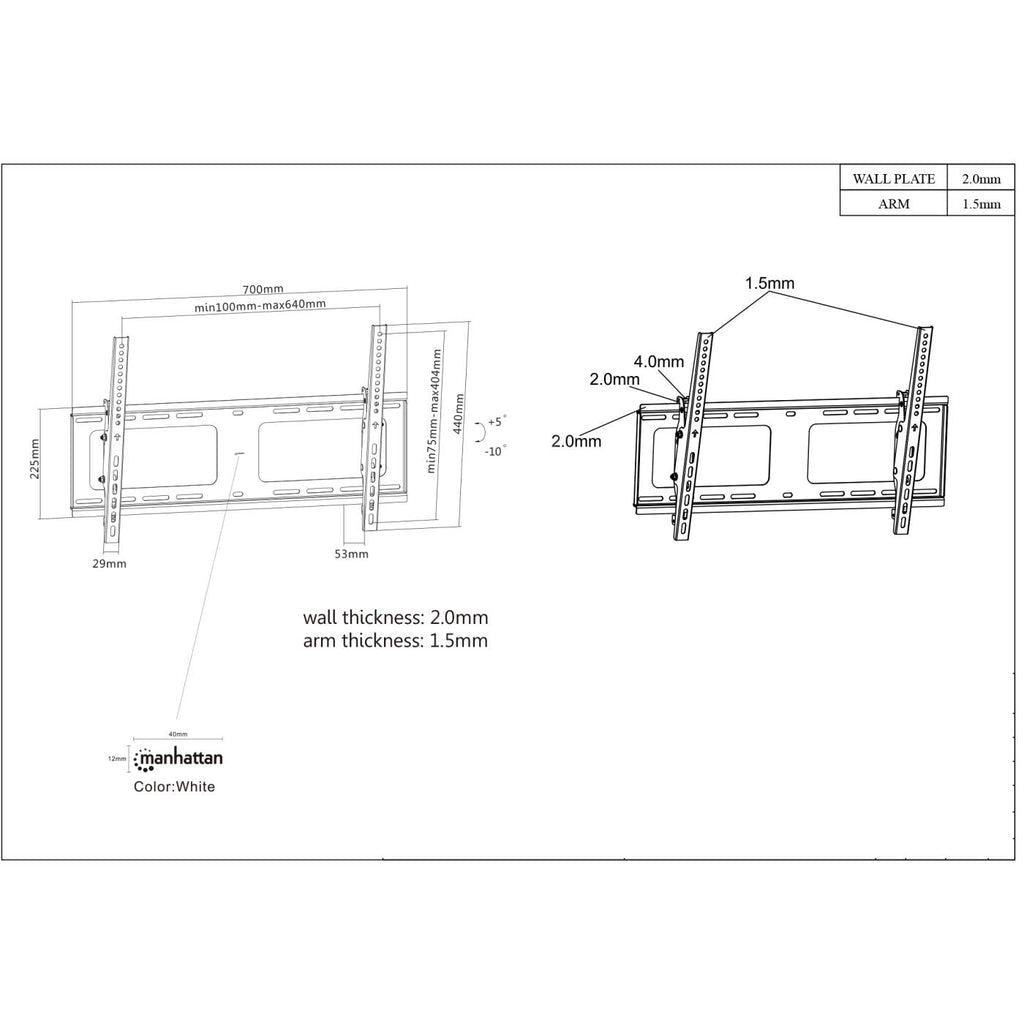 Manhattan Soporte para TV, de pared, con inclinación, pantallas planas de 37" a 80" de máximo 80 kg Monitor Negro