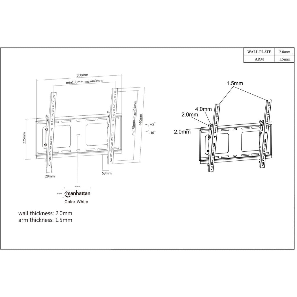 Manhattan Soporte para TV, de pared, con inclinación, pantallas planas de 32" a 55" de máximo 80 kg Monitor Negro