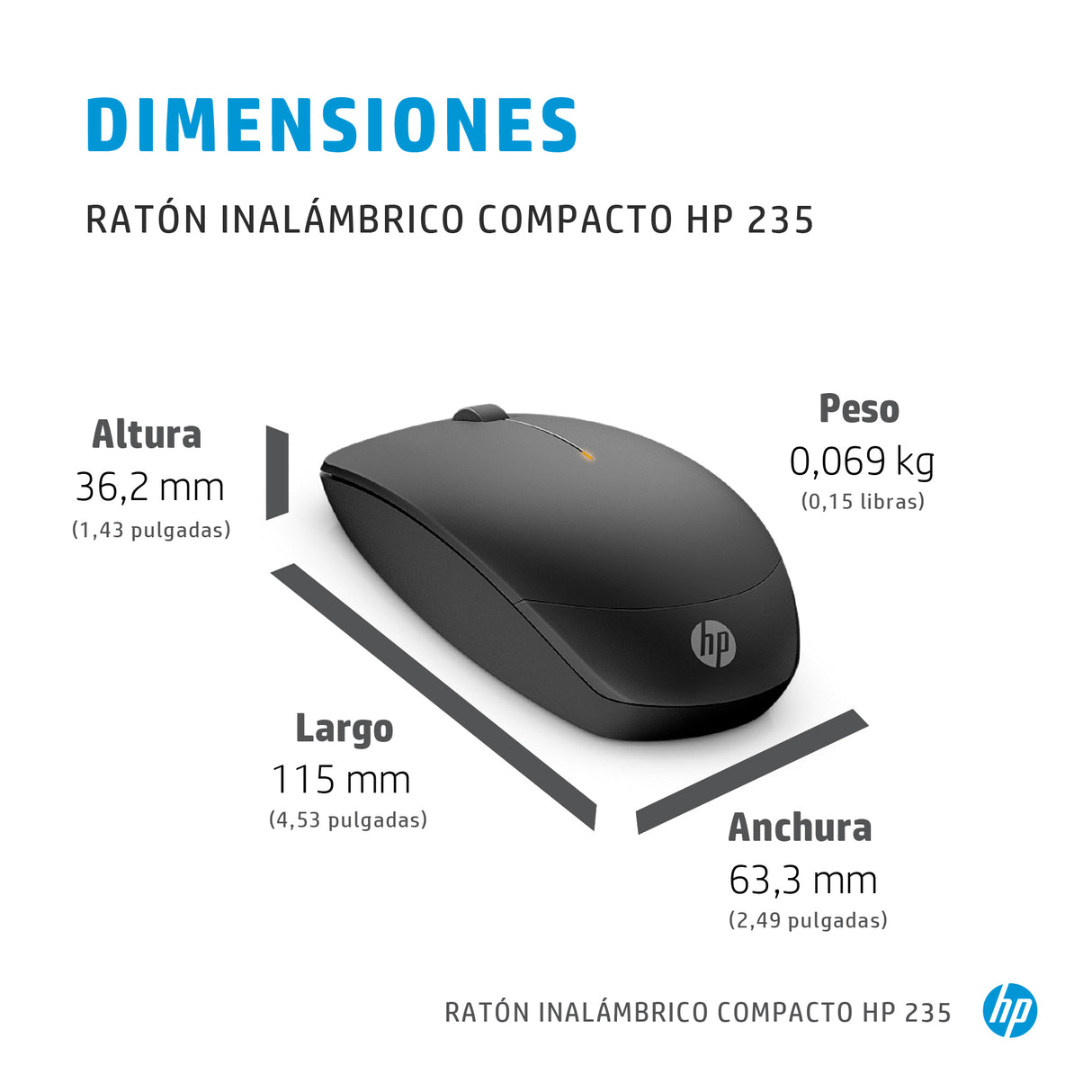 HP Mouse inalámbrico compacto 235, Ambidiestro, Óptico, 1600 DPI, 4E407AA#ABM