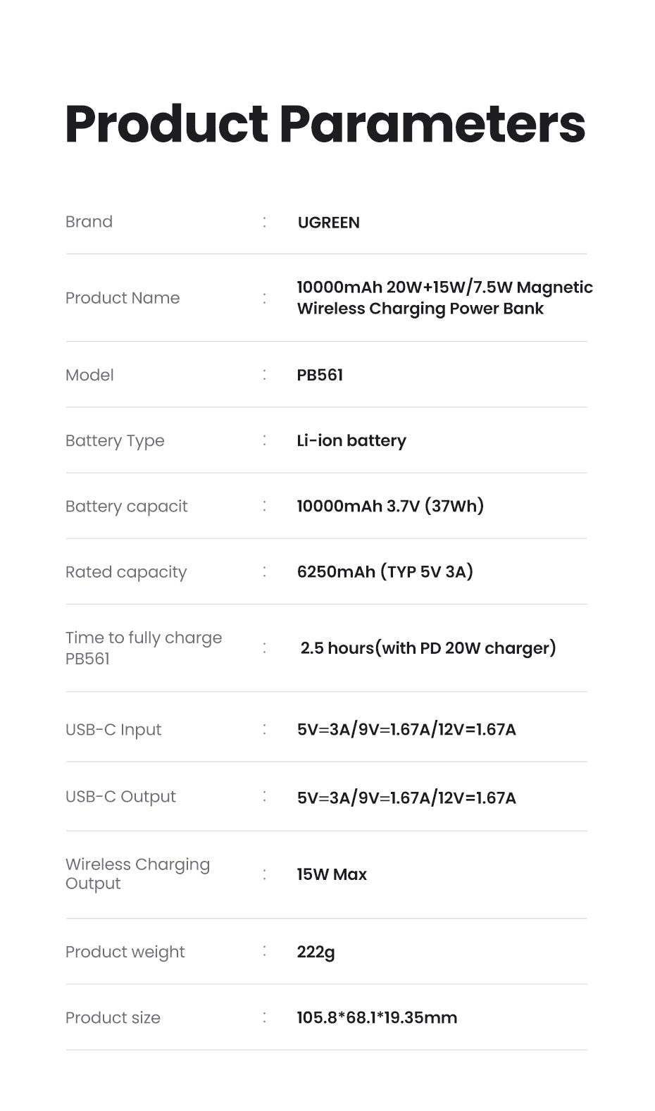Ugreen 25208 batería externa 10000 mAh Cargador inalámbrico Beige