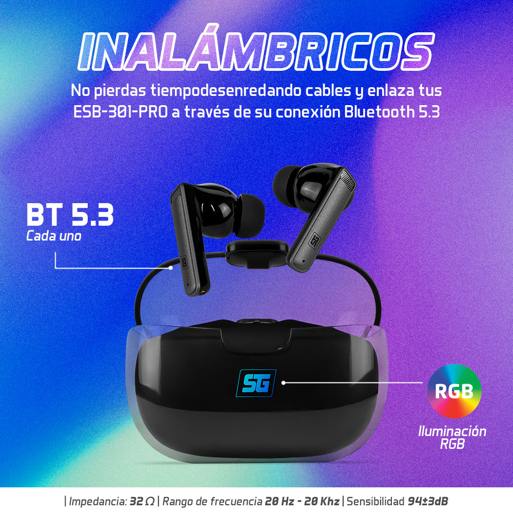AUDÍFONOS VORAGO START THE GAME ESB-301-PRO TWS IPX6 LED