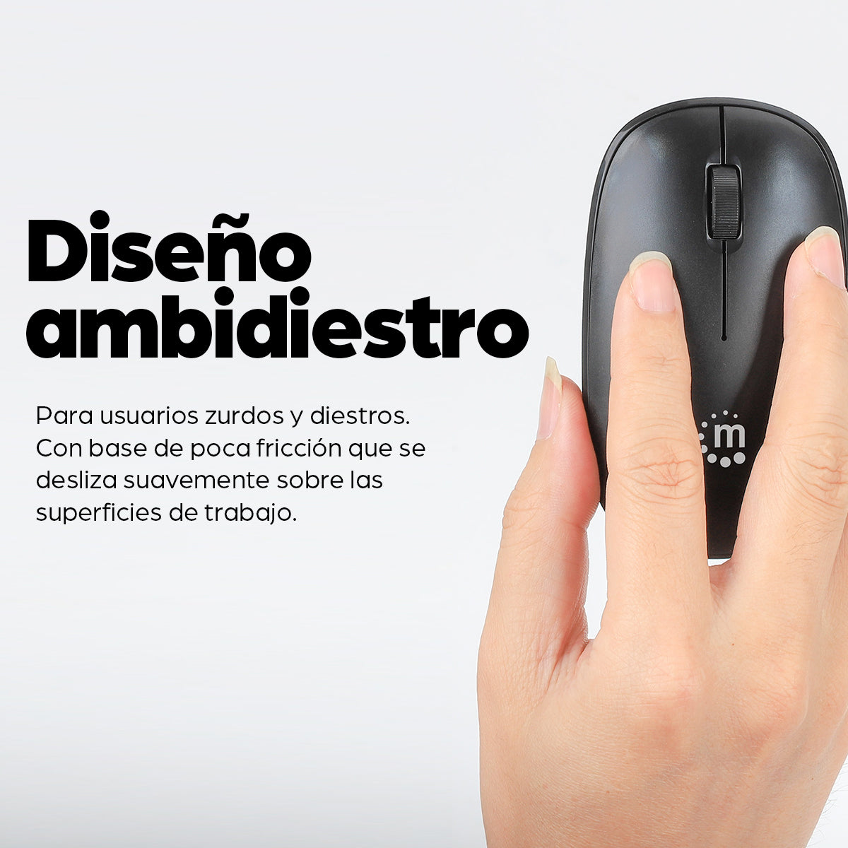 Manhattan Ratón óptico inalámbrico MW3050, negro, 1200 dpi, 2,4 GHz (hasta 10 m), USB, ambidiestro, 3 botones con rueda, receptor nano USB-A, pila AA incluida, base de baja fricción, garantía 3 años Ratón 1 Vertical Universal Óptico