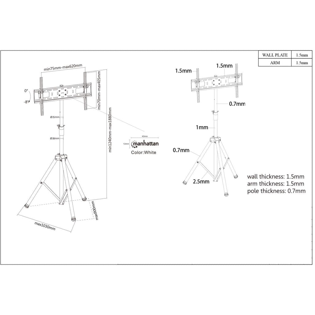 Manhattan Soporte para TV, de piso con trípode, pantallas planas de 37" a 70" de máximo 35 kg Monitor Negro