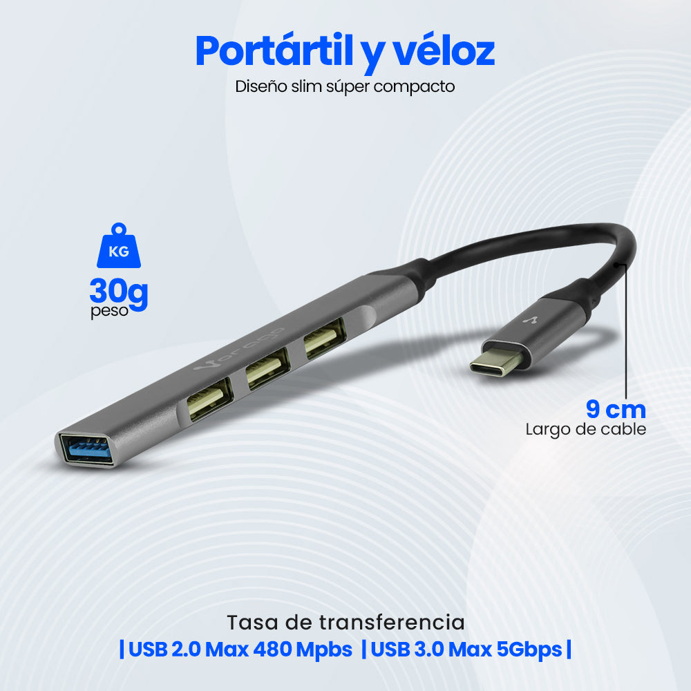 CONCENTRADOR HUB VORAGO HU-200 4 PUERTOS USB SLIM TIPO C