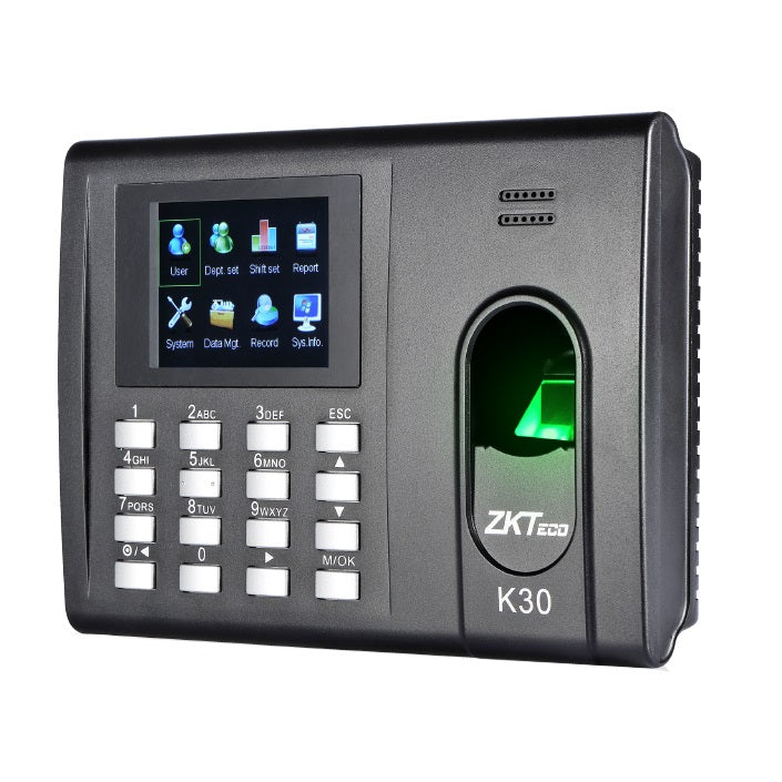 CONTROL DE ACCESO ZK K-30  DE HUELLA Y TARJETAS PARA TIEMPO Y ASISTENCIA CON BATERIA DE RESPALDO/ NO INCLUYE ADAPTADOR