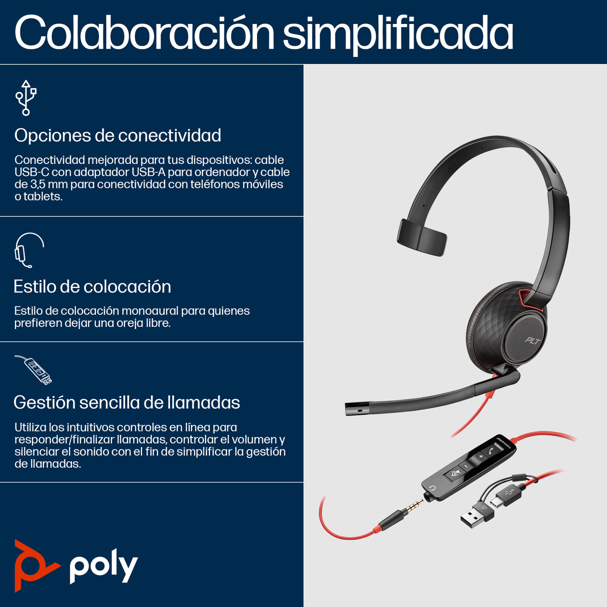 HP Poly Auriculares Poly Blackwire 5210 monaural USB-C + conector de 3,5 mm + adaptador USB-C/A Auriculares y Cascos Aur