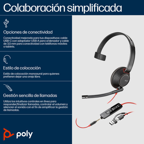 HP Poly Auriculares Poly Blackwire 5210 monaural USB-C + conector de 3,5 mm + adaptador USB-C/A Auriculares y Cascos Aur