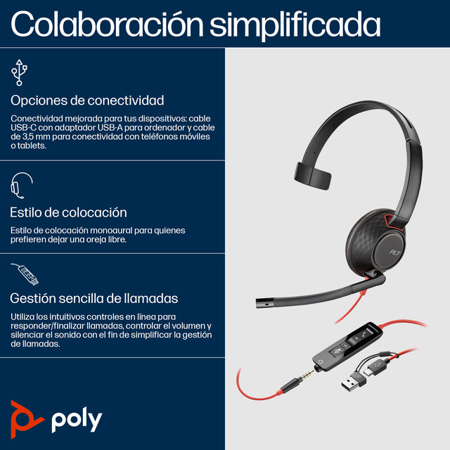HP Poly Auriculares Poly Blackwire 5210 monaural USB-C + conector de 3,5 mm + adaptador USB-C/A Auriculares y Cascos Aur