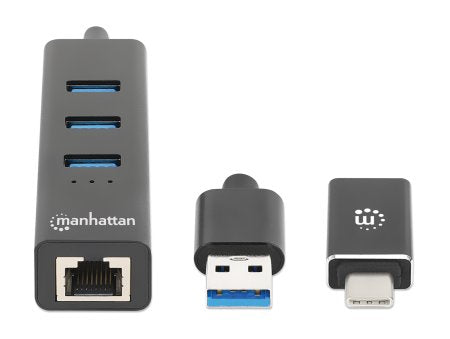 Manhattan Hub/dock combinado USB-C y USB-A, puertos (4): Ethernet + 3x USB-A, 5 Gbps (USB 3.0), Alimentado por USB (no requiere alimentación externa) hubs de interfaz 3 4 5000 Mbit/s Negro