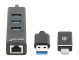 Manhattan Hub/dock combinado USB-C y USB-A, puertos (4): Ethernet + 3x USB-A, 5 Gbps (USB 3.0), Alimentado por USB (no requiere alimentación externa) hubs de interfaz 3 4 5000 Mbit/s Negro