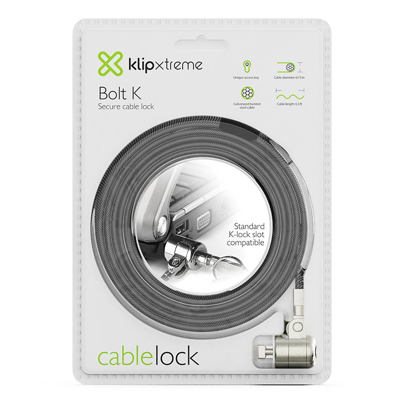 Klip Xtreme Bolt K cable antirrobo Negro, Plata 2 m, Kensington, Llave, Acero galvanizado