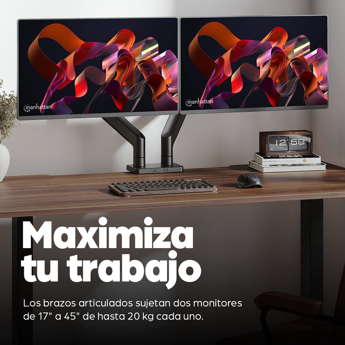 462587 - Manhattan Soporte doble de sobremesa para TV/monitores (Articulado con muelle), para pantallas de 13" a 45", f