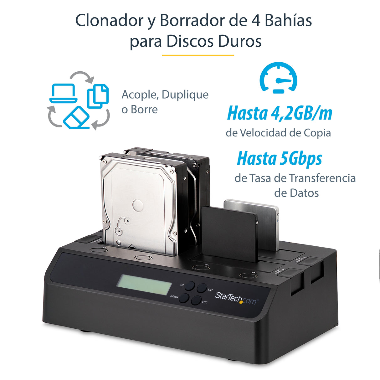 StarTech.com Clonador Borrador Autónomo USB 3.0 / eSATA a SATA de 4 Bahías para Discos Duros y SSDs 1:3 - Docking Statio