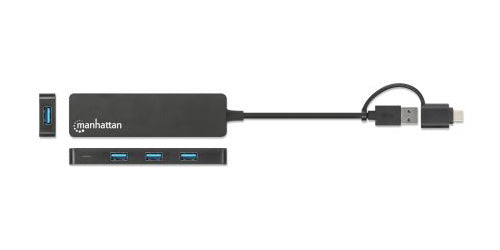 Manhattan Hub/dock combinado USB-C y USB-A, puertos (4): 4x USB-A, 5 Gbps (USB 3.0), Alimentado por USB (no requiere ali