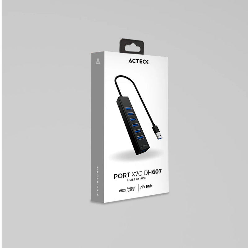Acteck Port X7C DH607 USB Tipo C 5000 Mbit/s Negro, USB 3.2 Gen 1 (3.1 Gen 1) Type-A, Aluminio, Cable redondo