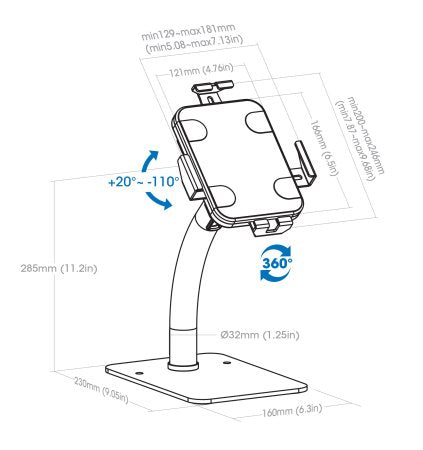 Manhattan Soporte tipo quiosco de sobremesa antirrobo para tablet e iPad, universal, rotación 360°, inclinación +20° a −110°, bloqueable, para tablets de 7,9" a 11", color blanco soportes Tablet/UMPC Interior Plástico, Acero Blanco