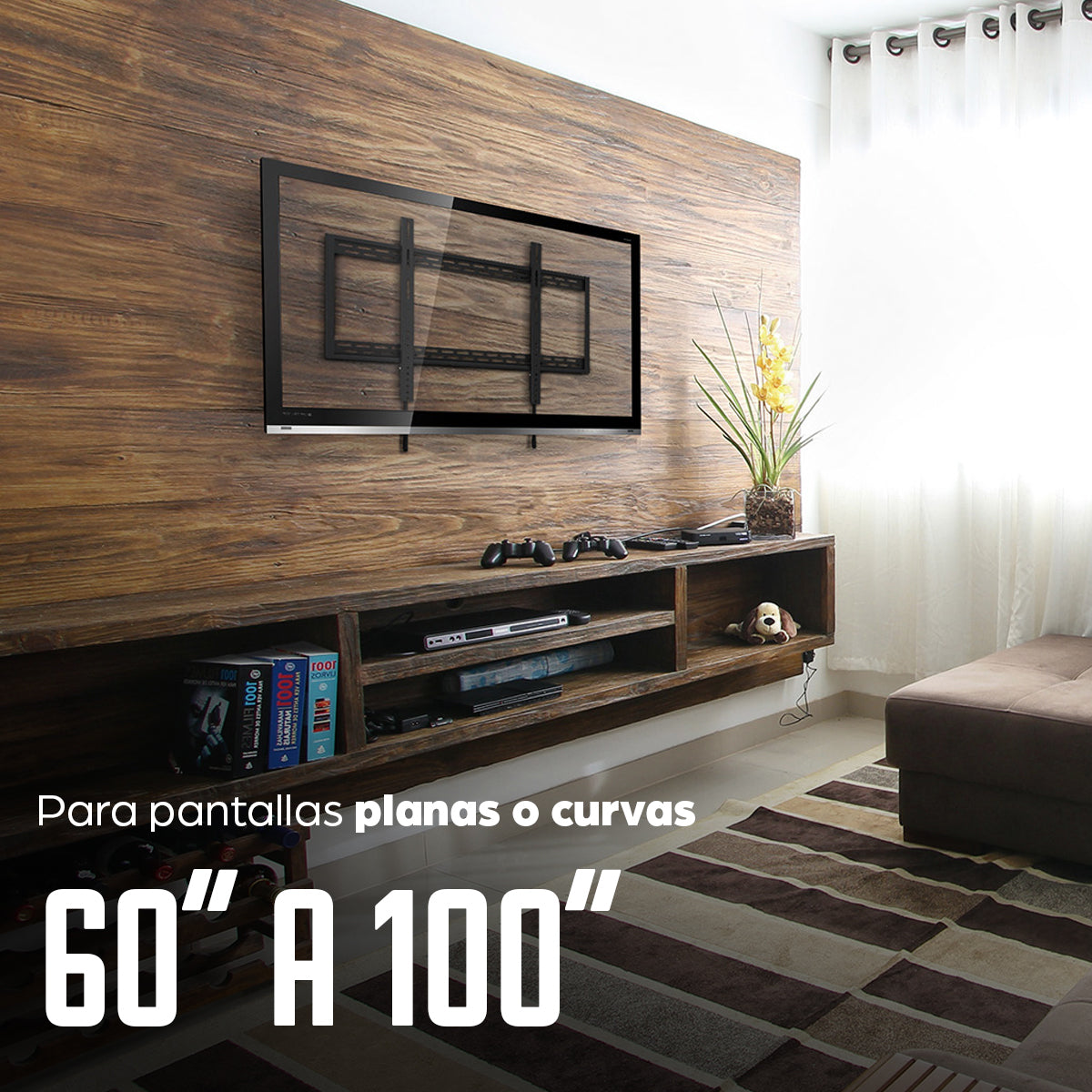 Manhattan Soporte de pared para TV/monitores (Fijo), pantallas 60"–100", Compatibilidad VESA: de 200x200 a 900x600 mm (verifique las dimensiones de los cuatro orificios de montaje traseros), carga máxima 50 kg, negro Monitor negro