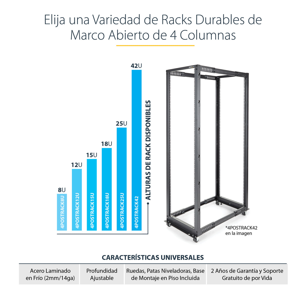 StarTech.com Rack 25U Móvil de Marco Abierto de 4 Columnas para Servidores - Rack de Cuatro Columnas 19 Pulgadas para Eq