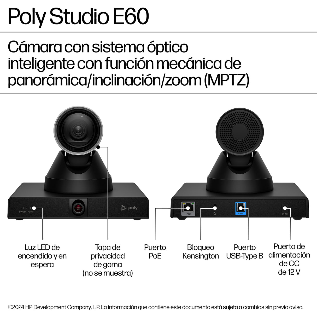 HP Poly Cámara inteligente Poly Studio E60 4K con zoom óptico de 12 aumentos y MPTZ Cámaras de videoconferencia 8 MP 8 M