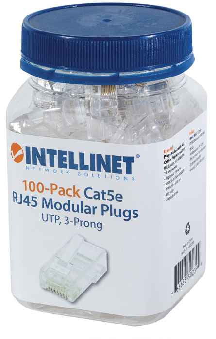 502399 - Intellinet PLUG RJ45 CAT5E SOLIDO UTP BOTE 100 PZAS ORO 15-MICRAS conectores RJ-45 Transparente Policarbonato Cat5e
