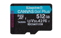 Kingston Technology 512 GB microSDXC Canvas Go Plus Gen4 200R A2 U3 Paquete individual sin ADP Memorias flash 512 GB Mic