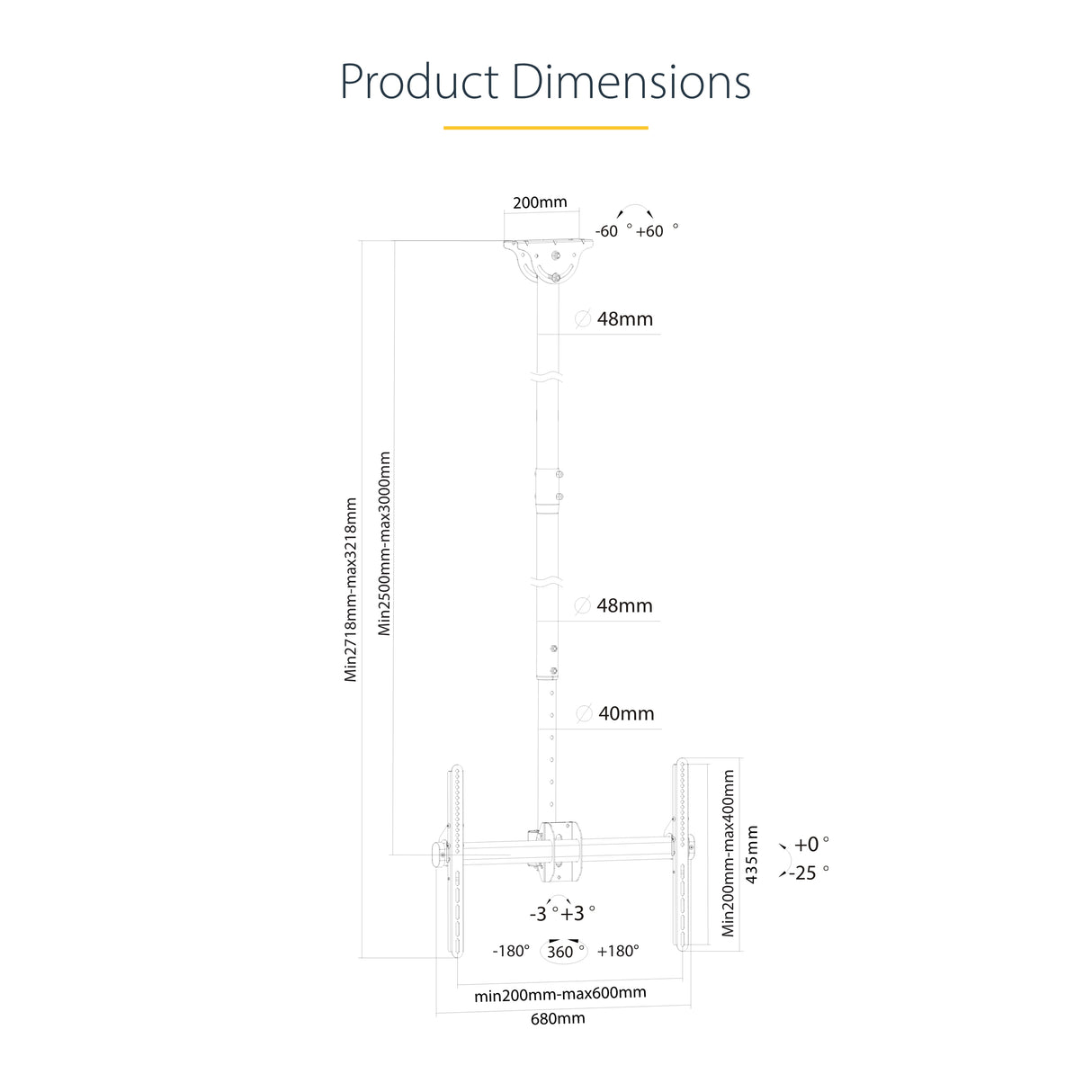 StarTech.com Soporte de Techo para TV - Soporte Universal de Cielo Raso para TV con Mástil Telescópico Largo Ajustable - Soporte VESA para Pantallas de 32" a 75" - Giro e Inclinación Monitor