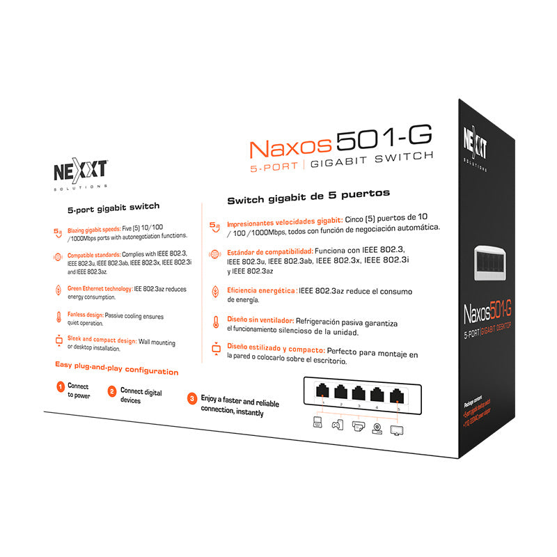Nexxt Infrastructure - Switch - Gigabit Ethernet - 5 x 10/100/1000 - 1 Gigabit Ethernet - Essential Naxos 501-G 110/220V