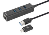 Manhattan Hub/dock combinado USB-C y USB-A, puertos (4): Ethernet + 3x USB-A, 5 Gbps (USB 3.0), Alimentado por USB (no requiere alimentación externa) hubs de interfaz 3 4 5000 Mbit/s Negro