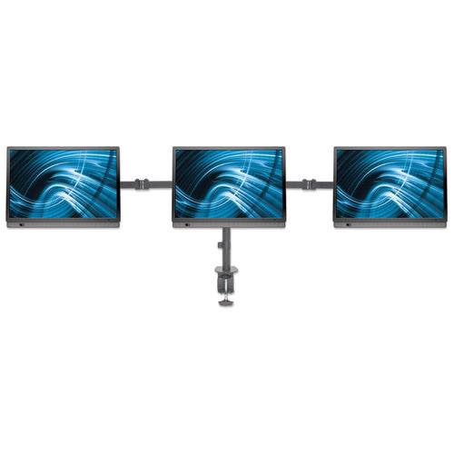 Manhattan Soporte triple de sobremesa para 3 monitores, pantallas 10"–27", montaje traseros con abrazadera, Co