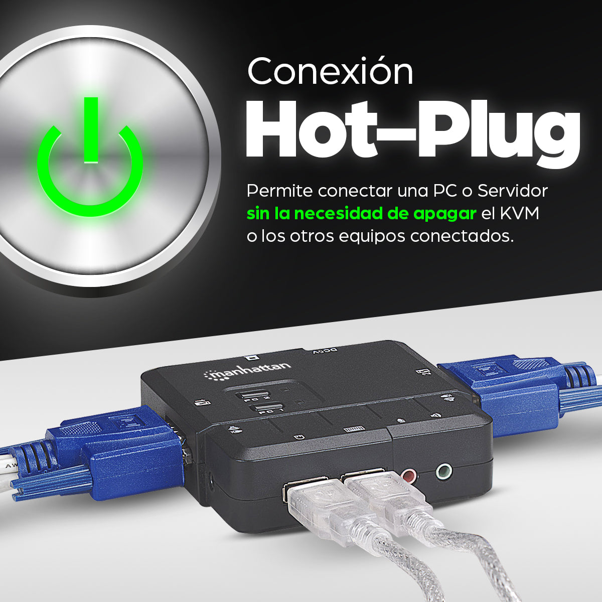 Manhattan Switch KVM Compacto de 2 Puertos interruptores kvm 2 USB USB VGA