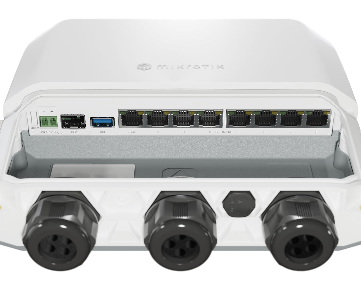 RB5009UPr+S+OUT, Ruteador PoE, 7xGEth, 1x2.5GigaEth, 1xSFP+ 10G, 8xPoE 802.3af/at, RouterOS