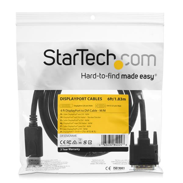 StarTech.com Cable 1,8m Adaptador de Vídeo DisplayPort a DVI - Conversor DP - Hasta 1920x1200 - Pasivo Cable Derecho Derecho Oro 1,8 m