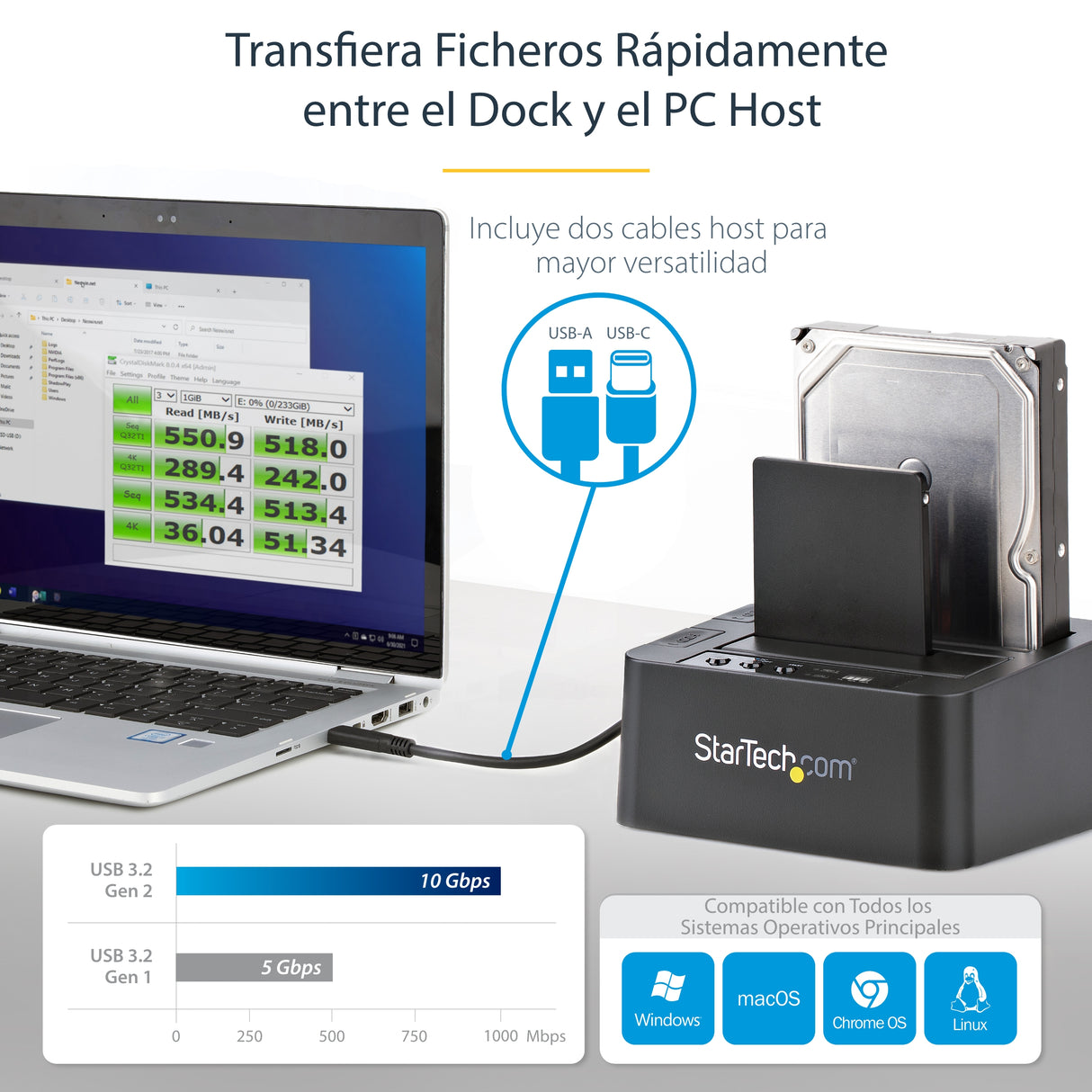 StarTech.com Duplicador Clonador Autónomo de Discos Duros o SSD SATA - Copiador de 2 Bahías - Base de Acoplamiento USB 3