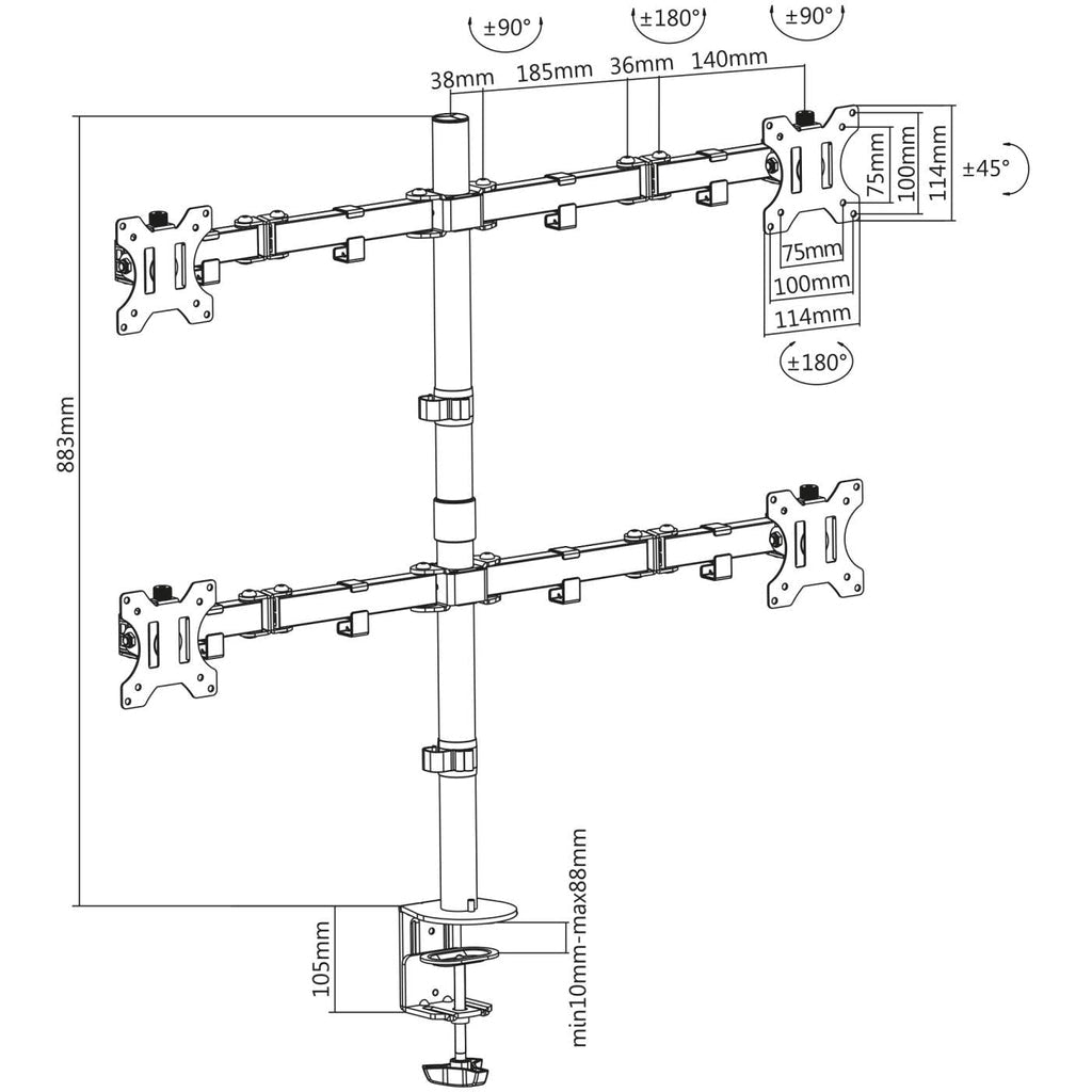 Manhattan Soporte de sobremesa para 4 monitores, pantallas 10"–27", base o abrazadera, Compatibilidad VESA: 75x75 y 100x