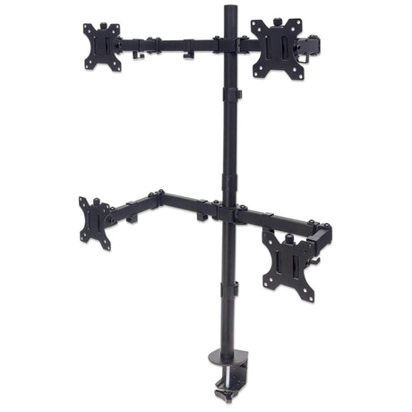 Manhattan Soporte de sobremesa para 4 monitores, pantallas 10"–27", base o abrazadera, Compatibilidad VESA: 75x75 y 100x100 mm (verifique las dimensiones de los cuatro orificios de montaje traseros), carga máxima 8 kg (cada uno), negro Monitor negro