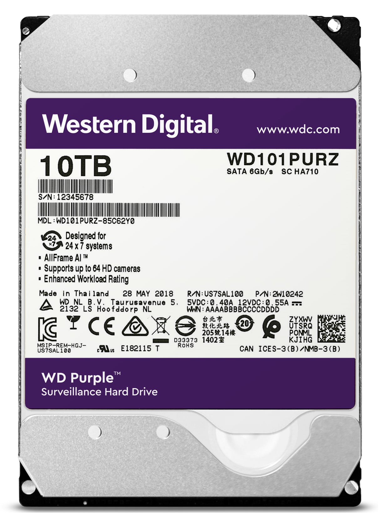 Disco Duro Interno Western Digital 10TB 3.5" Purple 7200RPM 256MB SATA