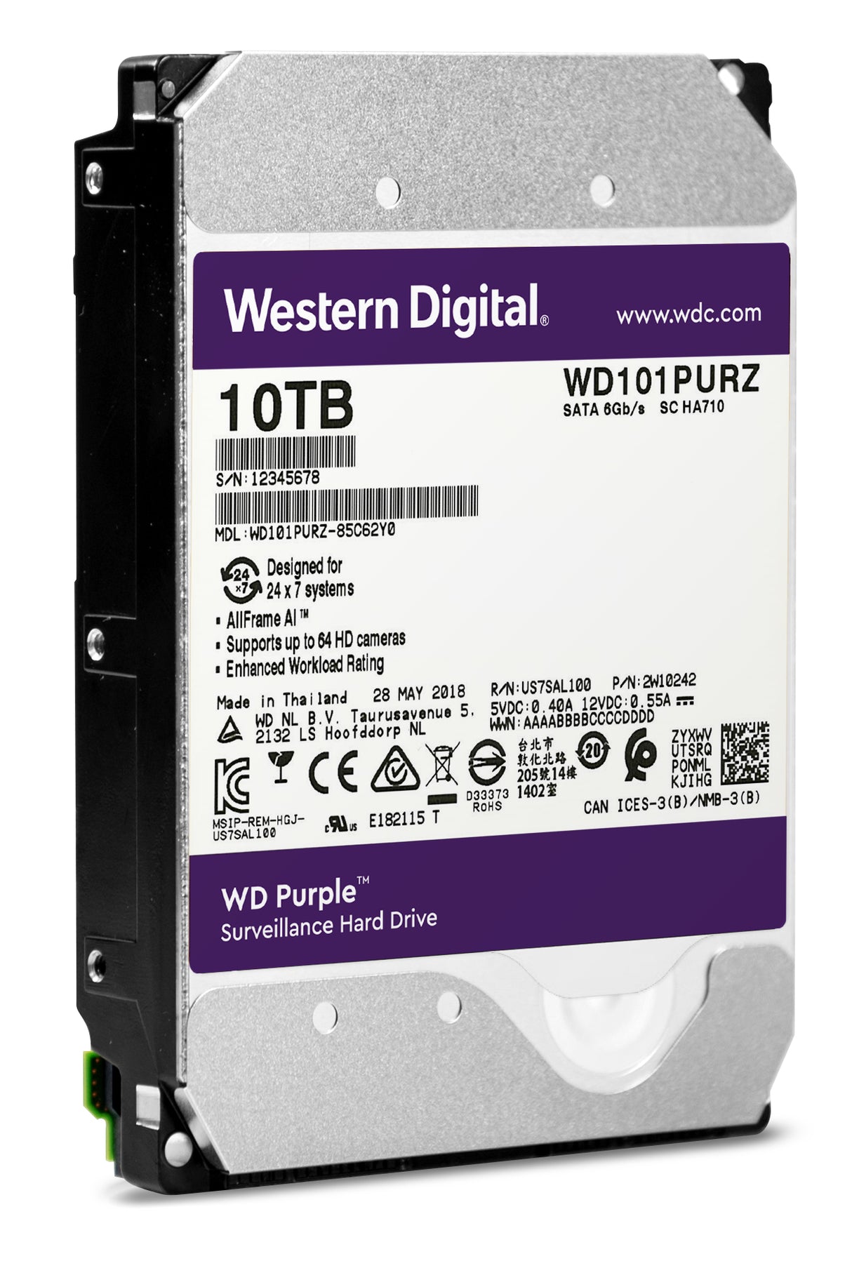 Disco Duro Interno Western Digital 10TB 3.5" Purple 7200RPM 256MB SATA