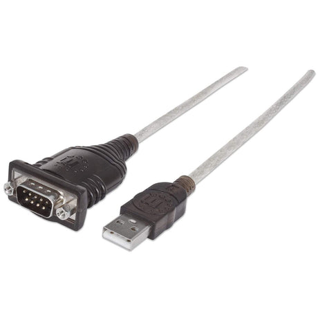 Manhattan Convertidor USB-A a serie (RS232/COM/DB9), 45 cm, macho a macho, chip Prolific PL-2303RA, negro/plata, 3 años de garantía, equivalente a ICUSB232V2 Cable Negro, Transparente 0,45 m USB A Serial/COM/RS232/DB9