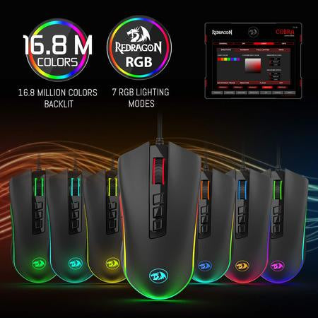 REDRAGON M711 COBRA CHROMA, Mouse optico, Diestro, USB tipo A, 10000 DPI