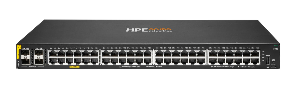 HPE Aruba Networking CX 6000 48G Class4 PoE 4SFP 370W Switch, Gestionado, Gigabit Ethernet (10/100/1000), Energía sobre 