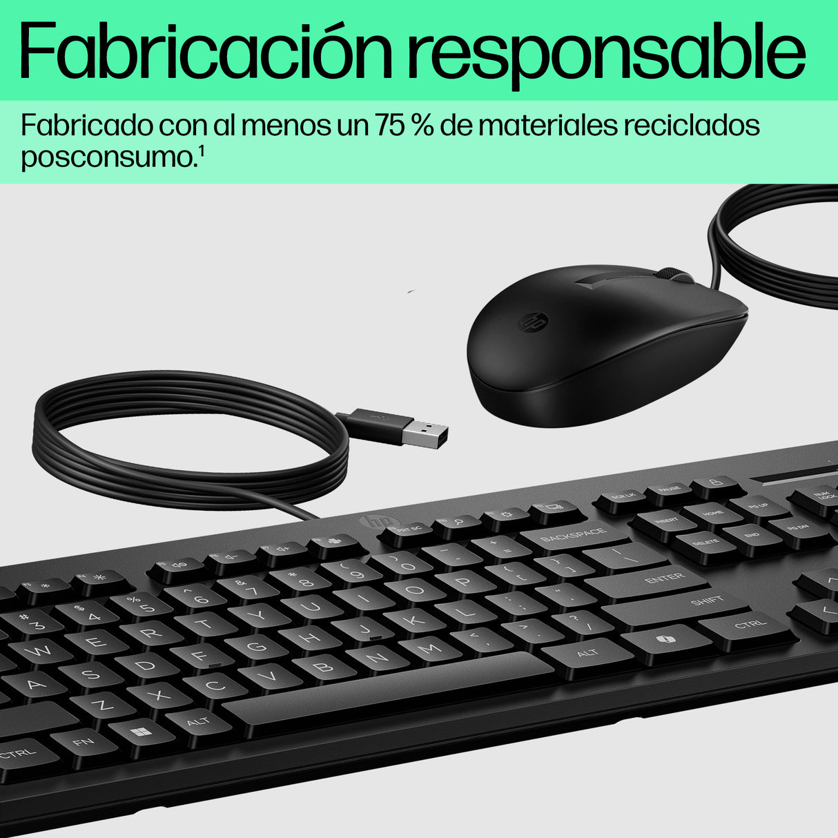 HP Combinación de mouse y teclado con cable 225, Tamaño completo (100%), Alámbrico, USB