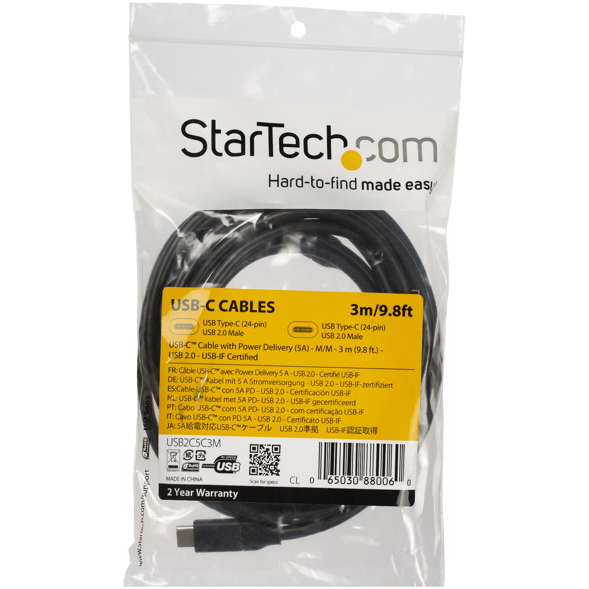 StarTech.com Cable de 3m USB-C a USB-C con capacidad para Entrega de Alimentación de 5A - USB TipoC - Cable de Carga USBC - USB 2.0 Cable USB 2.0 USB C USB C Macho