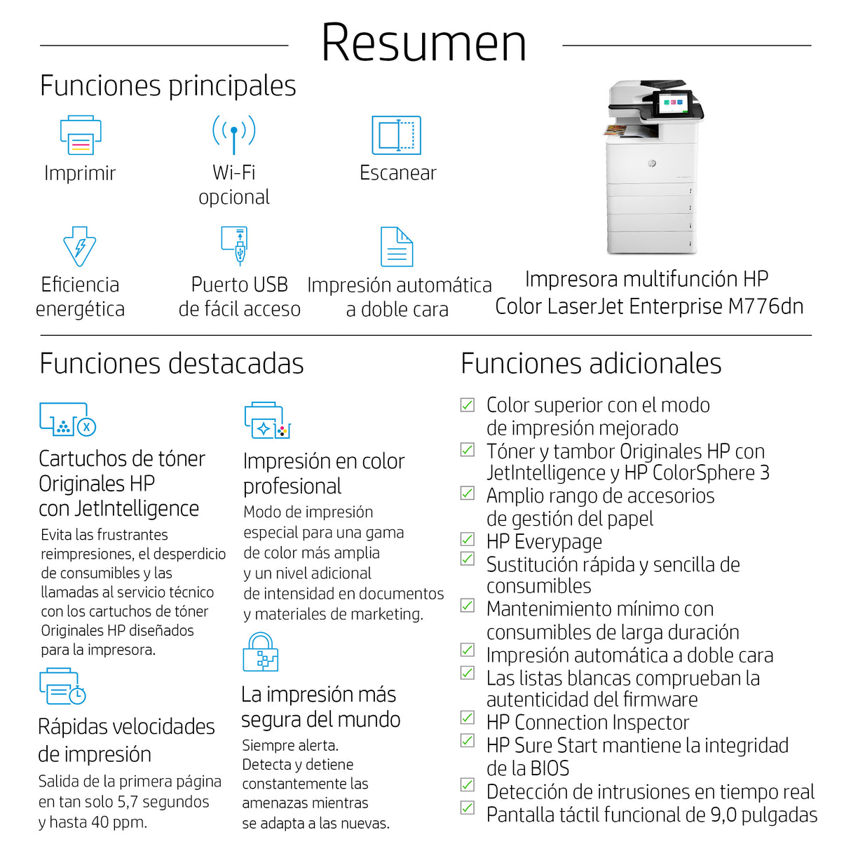 HP Color LaserJet Enterprise LaserJet Enterprise M776dn Multifunction Color Impresora, Ethernet solamente; Copiadora, escáner