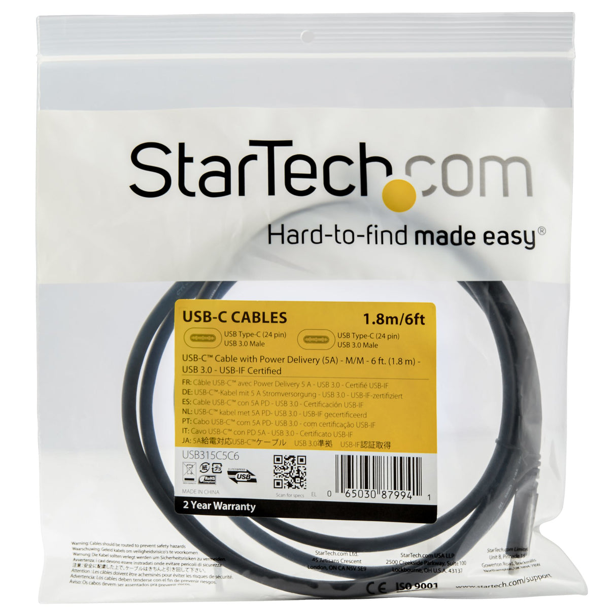 StarTech.com Cable de 1,8m USB-C a USB-C - PD de 5A - USB TipoC - Certificado para Funcionar con Chromebook - USB-IF - M a M - Cable de Carga USB C - Cable USB Tipo C - PD 3.0 de 100W - USB 3.0 (5Gbps) Cable USB 3.2 Gen 1 (3.1 Gen 1) USB C USB C Macho