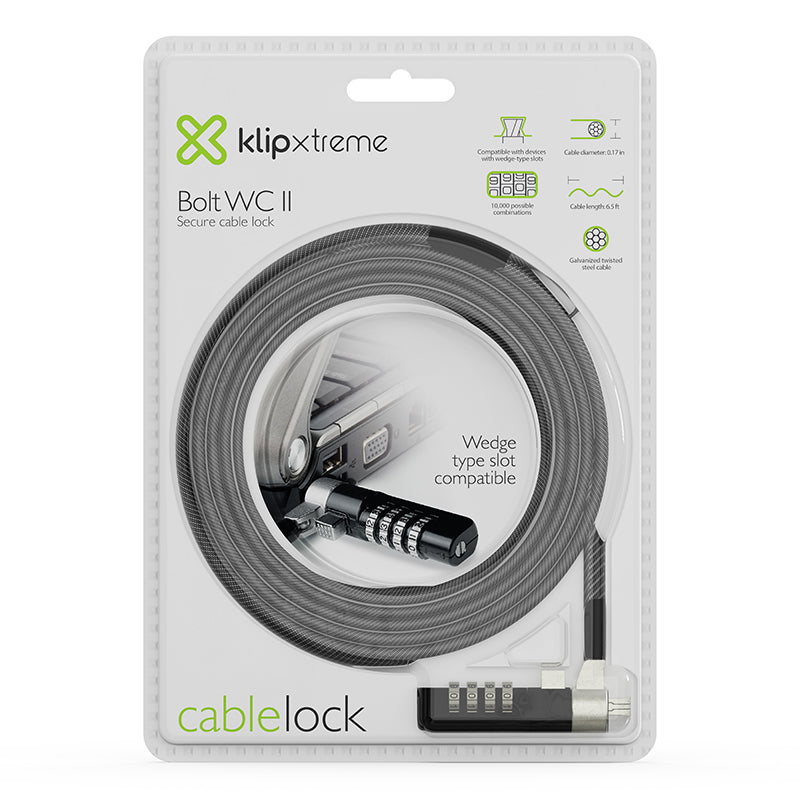 Klip Xtreme Bolt WC II cable antirrobo Negro, Plata 2 m, Brecha, Código, Acero galvanizado